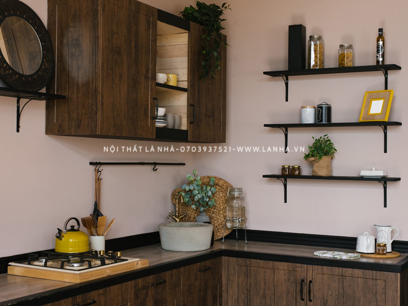 Mẫu nhà bếp mộc mạc, giản dị sử dụng vật liệu tự nhiên