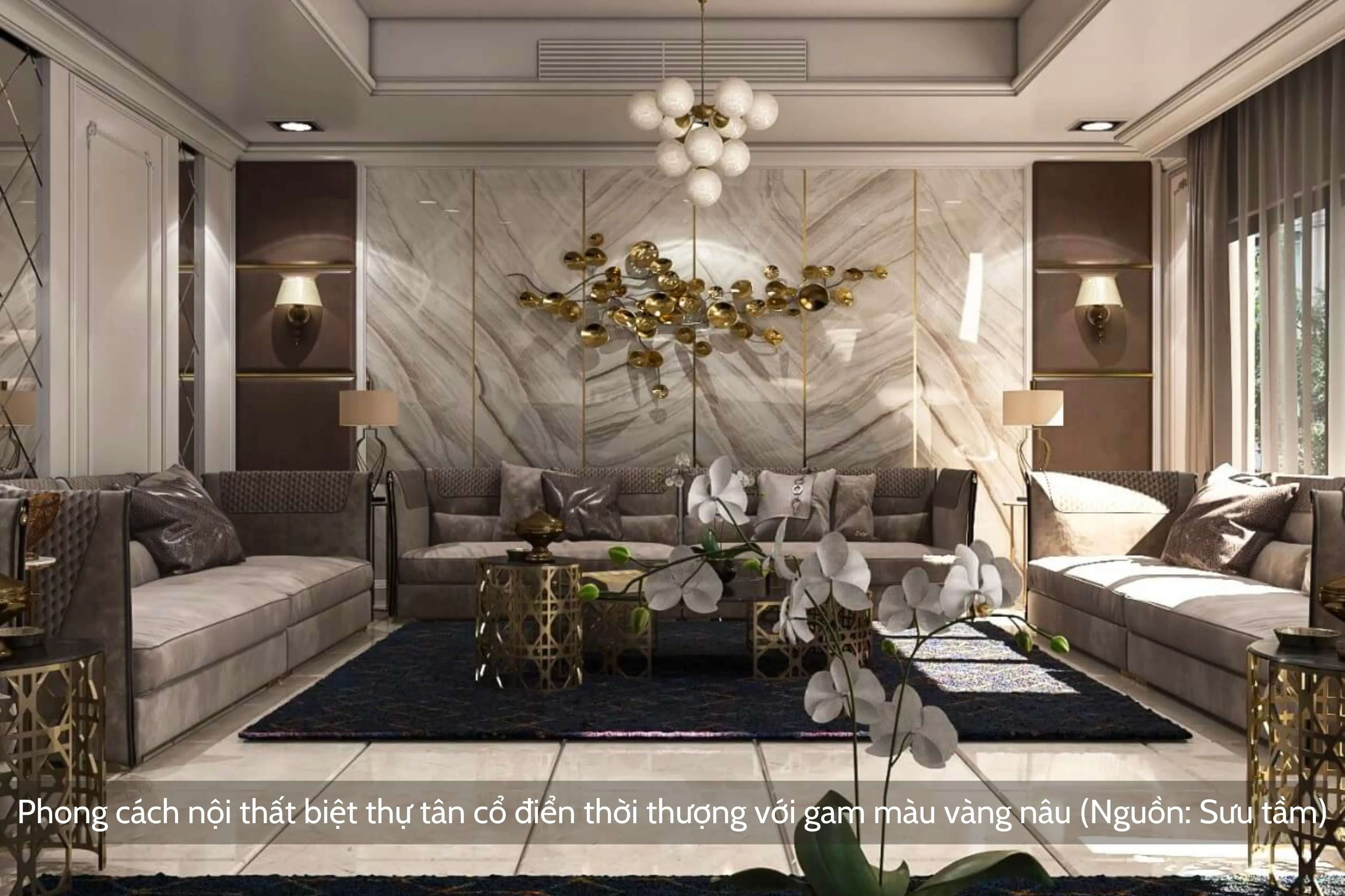 Phong cách nội thất biệt thự tân cổ điển thời thượng với gam màu vàng nâu (Nguồn: Sưu tầm)