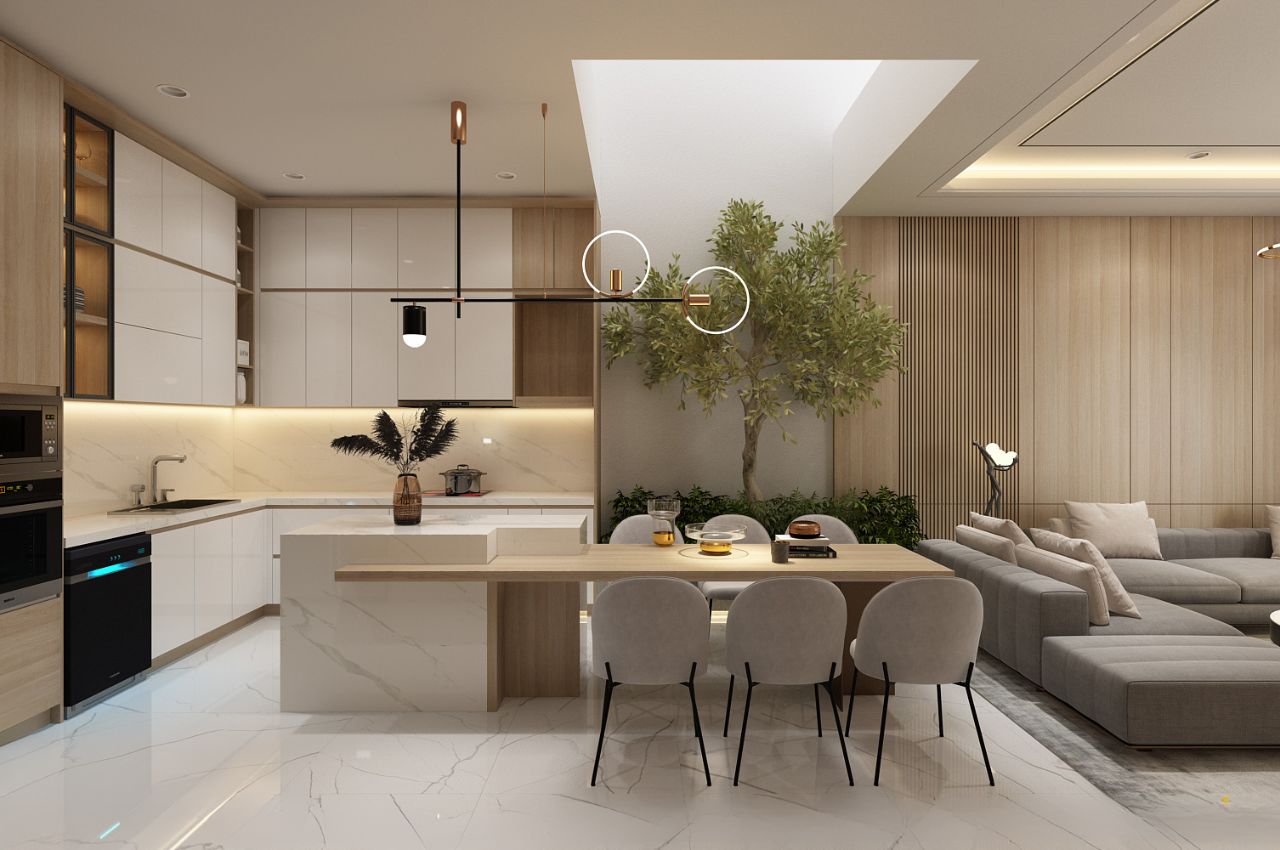 Trang trí phòng khách liền bếp bằng cây xanh và đèn trang trí
