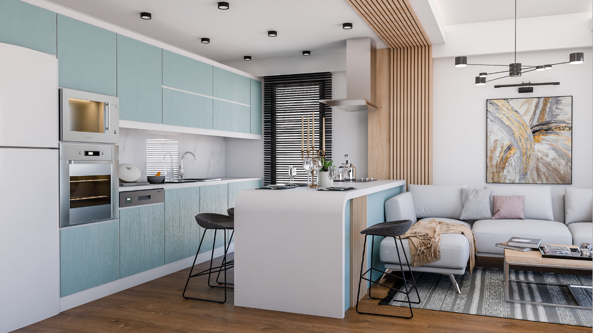Kết hợp màu sắc hài hòa phòng khách và phòng bếp ấn tượng, bắt mắt
