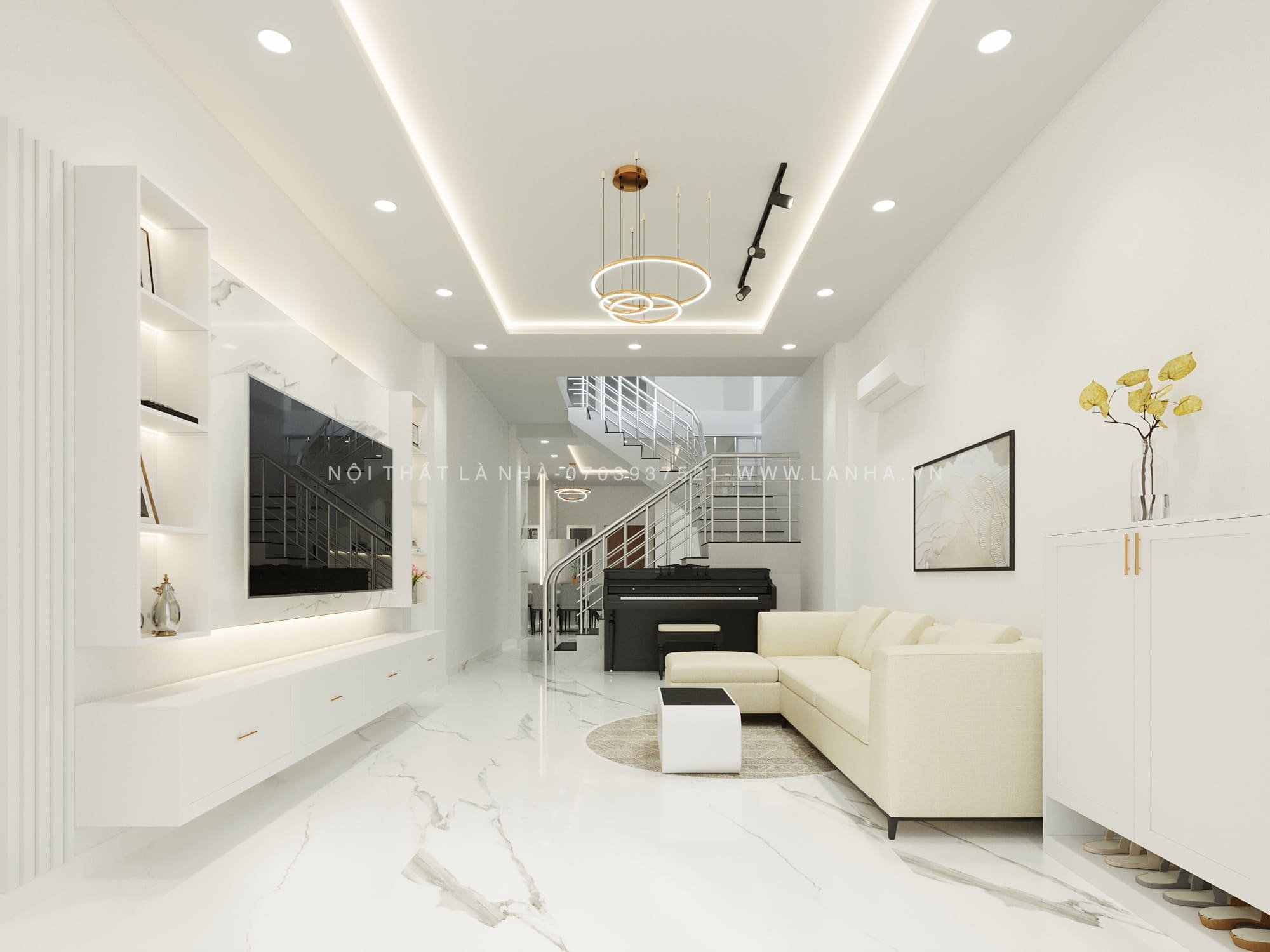 Thiết kế nhà ống tại Bình Tân của m.okking, phòng khách và phòng bếp được ngăn cách bởi cầu thang