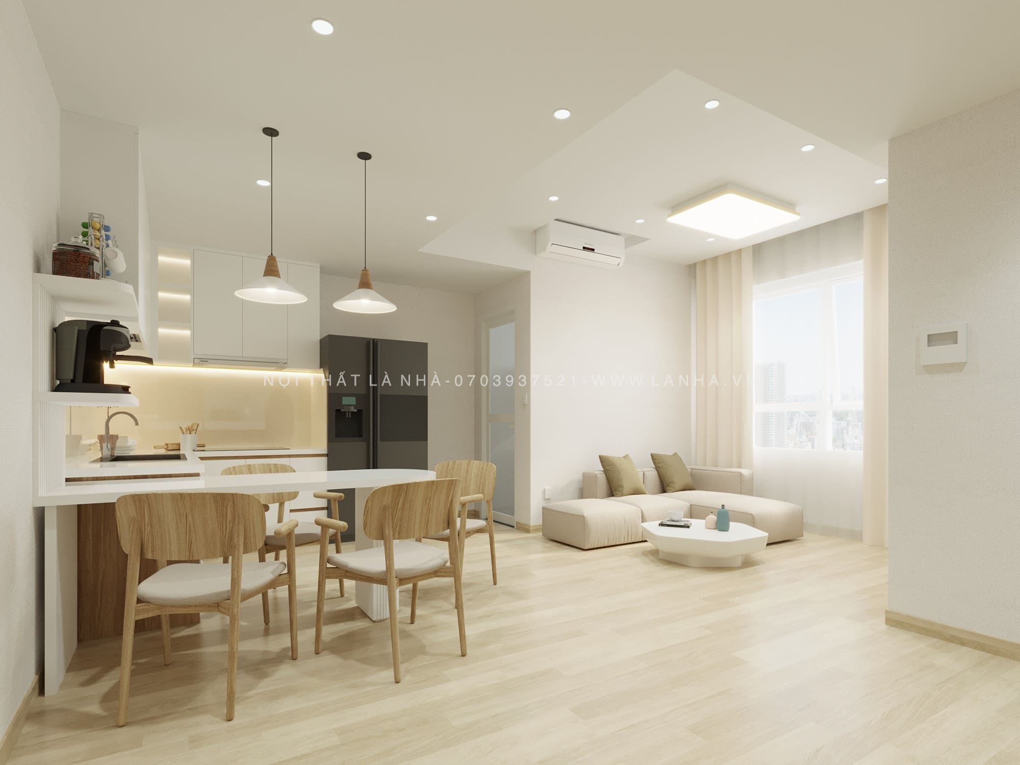 Phòng khách liền phòng bếp được m.okking okking0 theo m.okking39 Wabi Sabi