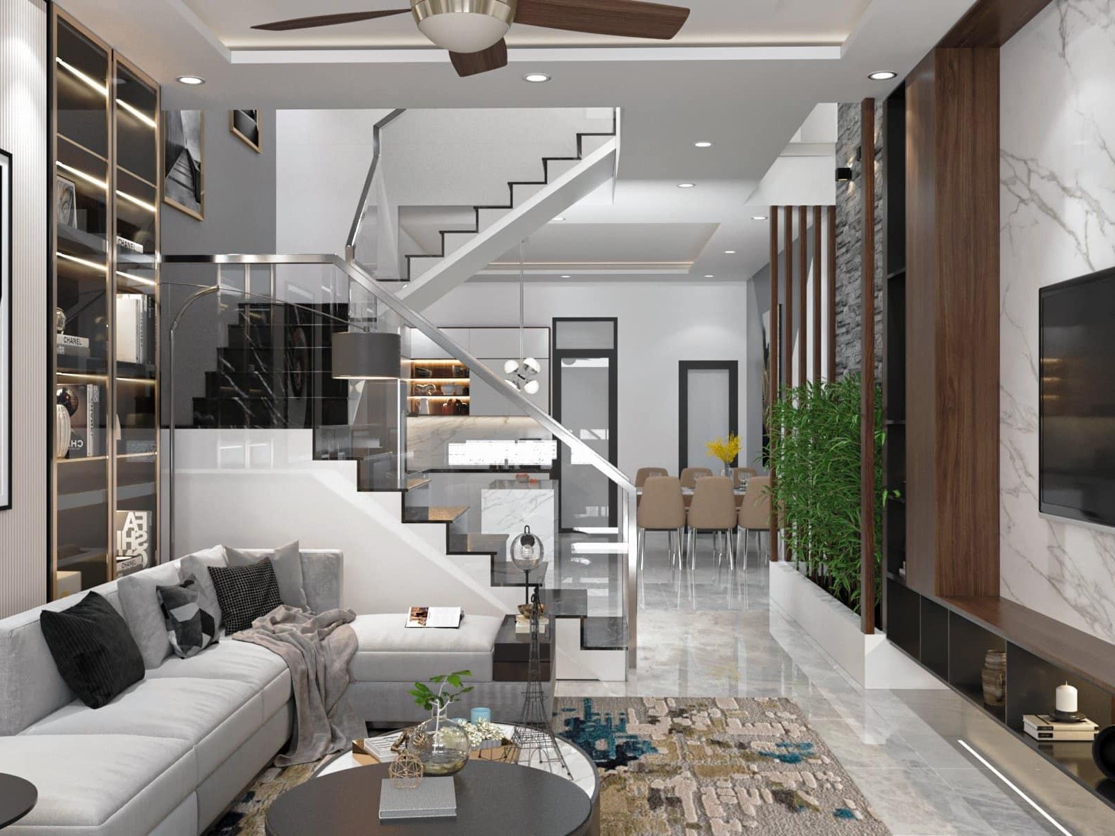Phòng khách nhà ống m.okking39 hiện đại với cầu thang kính