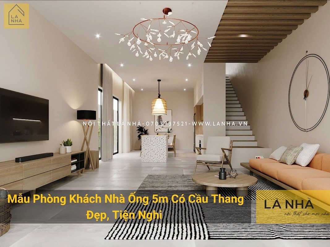 Phong Khach Nha Ong 5m Co Cau Thang Thumb Mẫu okking.con Nhà Ống 5m Có Cầu Thang Đẹp, Tiện Nghi