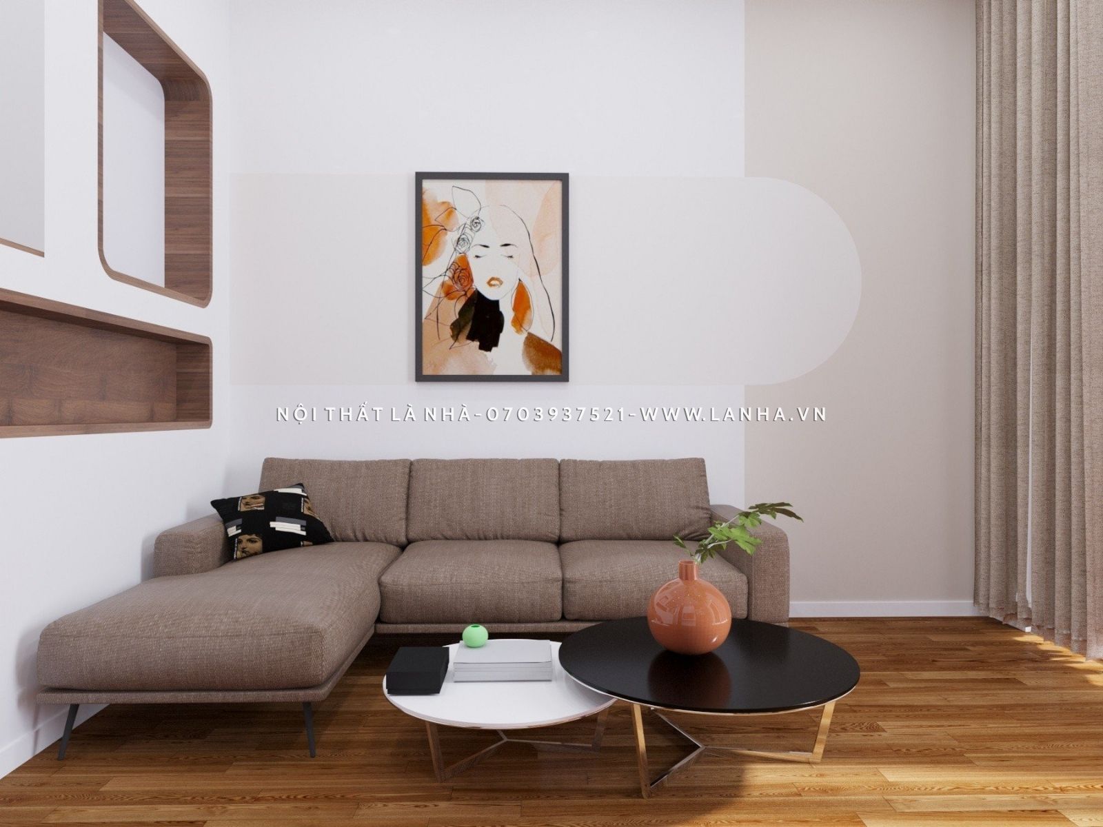 Bộ sofa màu nâu đậm okking0 đơn giản cùng tranh treo tường tạo điểm nhấn cho phòng khách