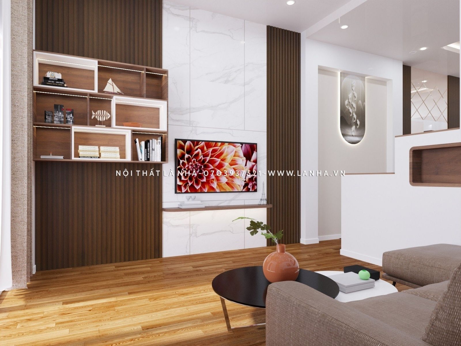 Kệ trang trí treo tường tiết kiệm okking.con phòng khách