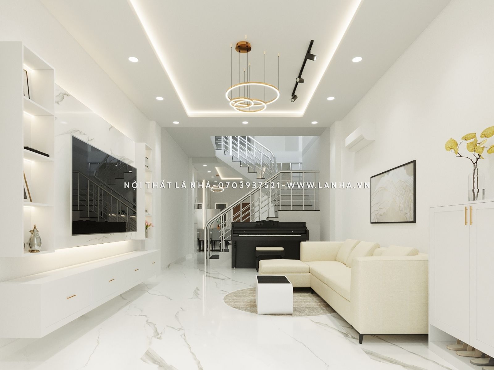 Thiết kế phòng khách với tone màu trắng là chủ đạo