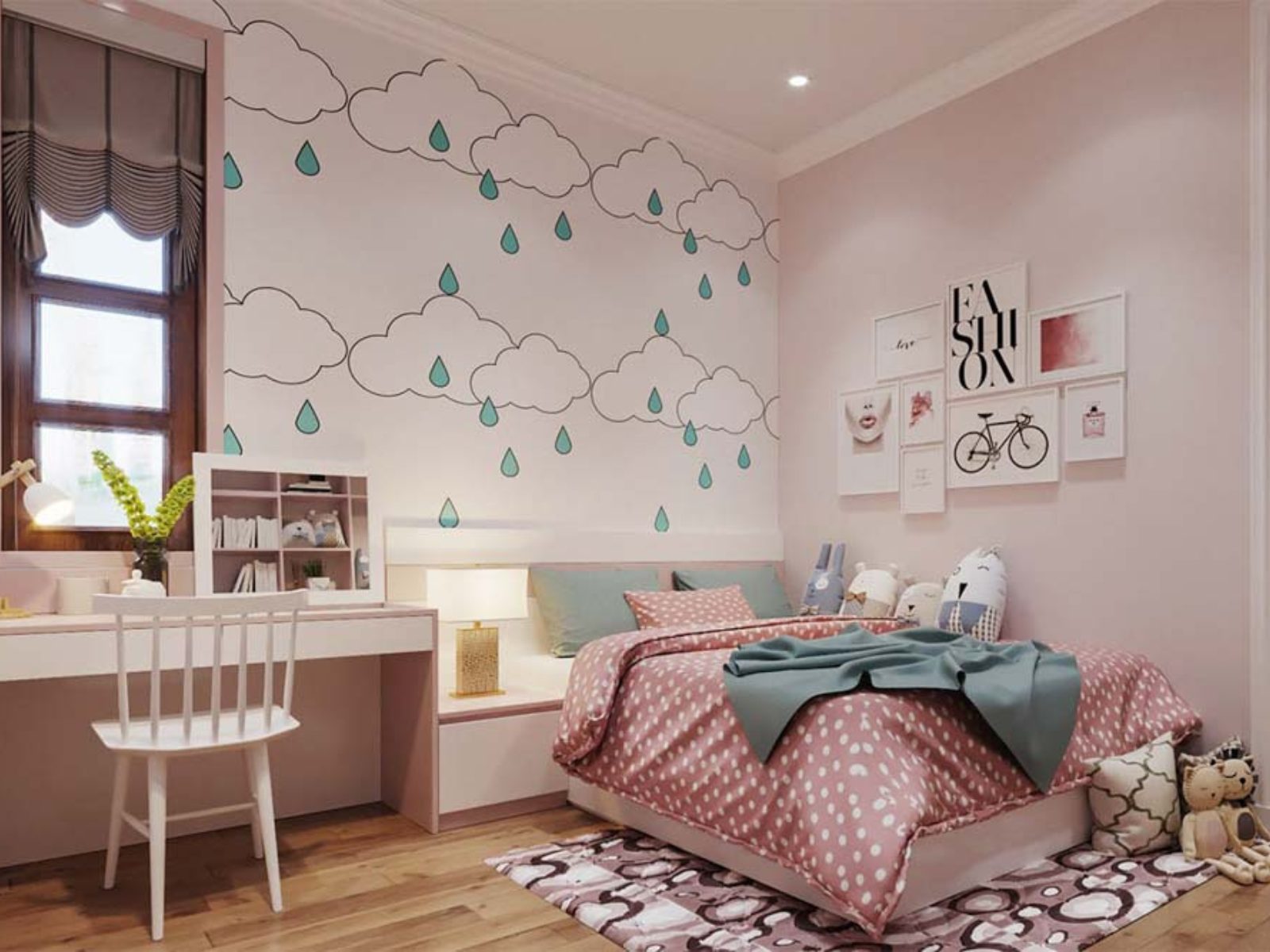 okking.con cho bé gái 6 tuổi với giấy dán tường, tranh và gấu bông