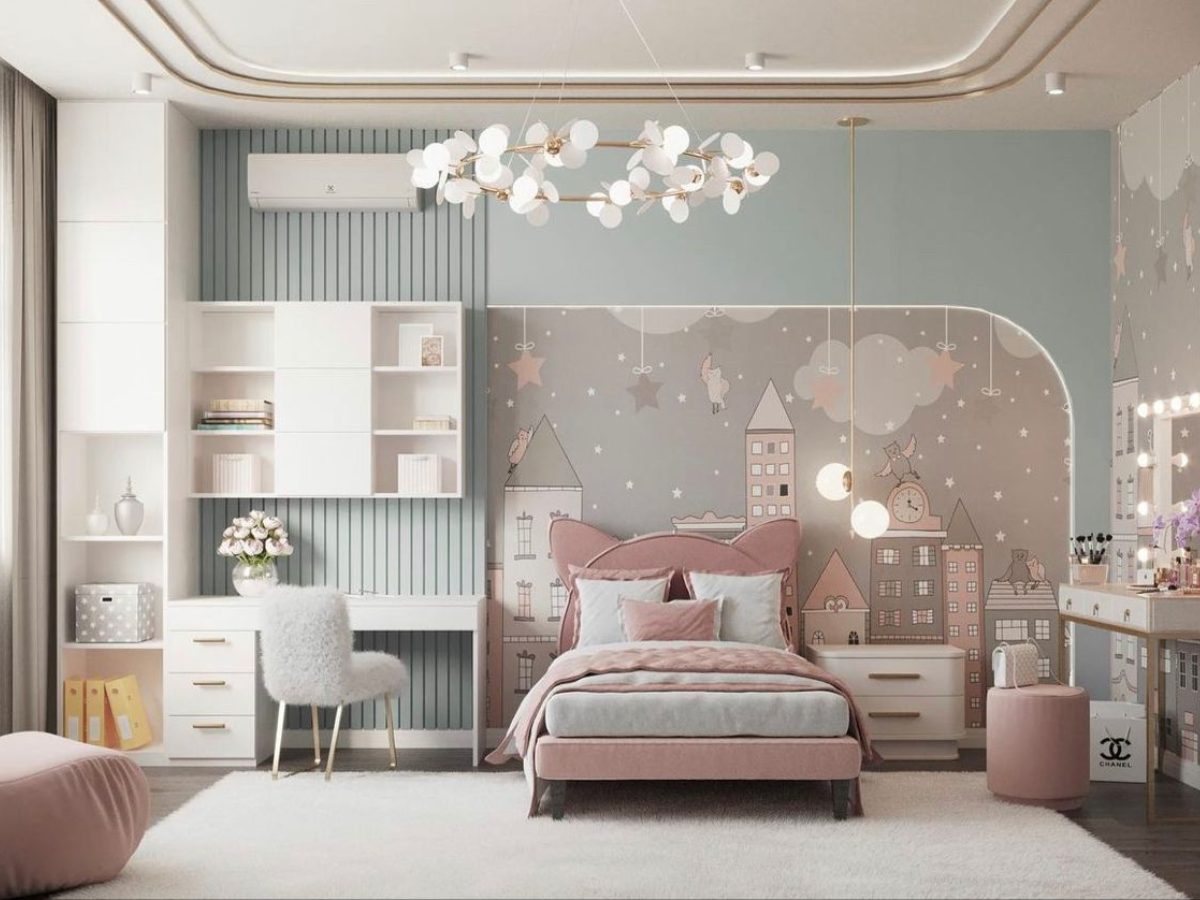 okking.con thế giới cổ tích cho bé gái kết hợp màu hồng và xanh vui tươi, tràn đầy sức sống