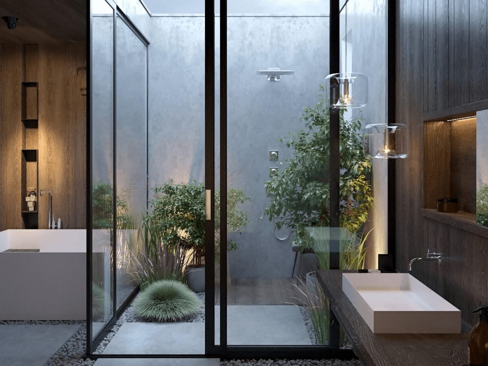 Phòng tắm biệt thự okking0 okking.con mở với giếng trời kết hợp trồng cây xanh