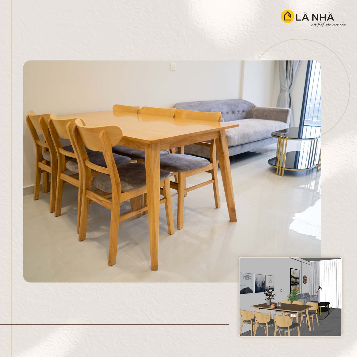 Thiết kế đồng nhất với chất liệu bọc sofa với đệm ghế bàn ăn phòng bếp