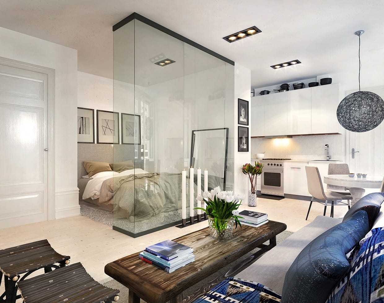 Mẫu okking0 nội thất m.okking mini 20m2 với vách ngăn bằng kính