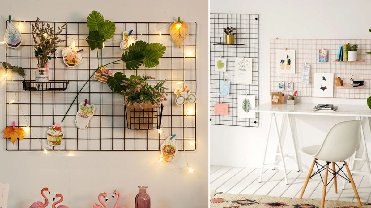 Decor okking vintage bằng khung lưới và kẹp ảnh gỗ