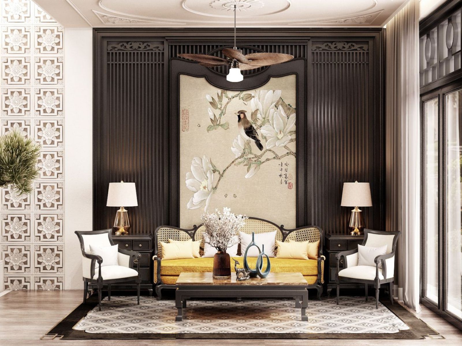 Hoạ tiết ô vuông được sử dụng cho vách ngăn phòng khách m.okking39 indochine