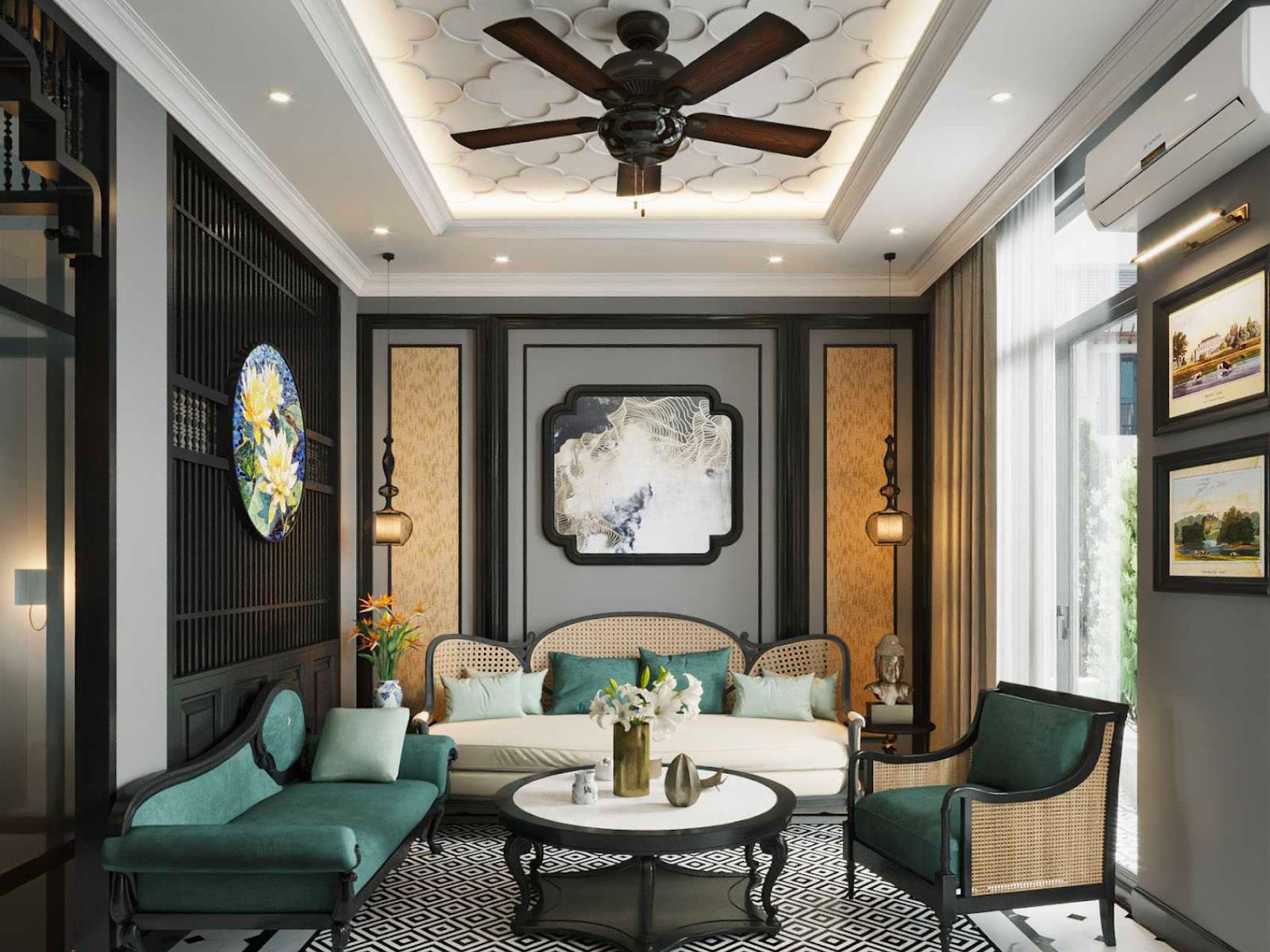 Quạt trần với chất liệu tự nhiên như gỗ, mây đan là điểm nhấn ấn tượng cho okking.con căn nhà
