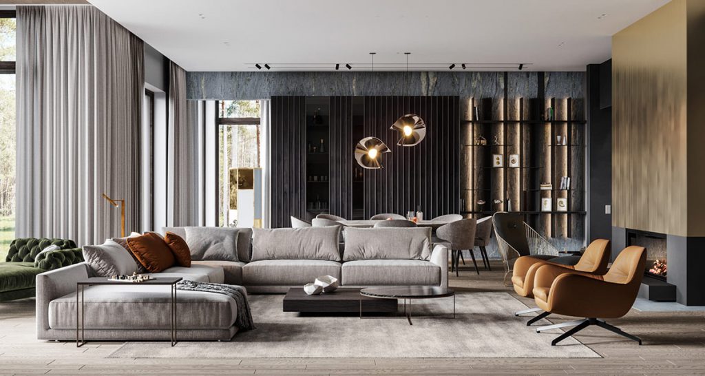 Phòng khách m.okking39 Luxury với tone màu xám chủ đạo