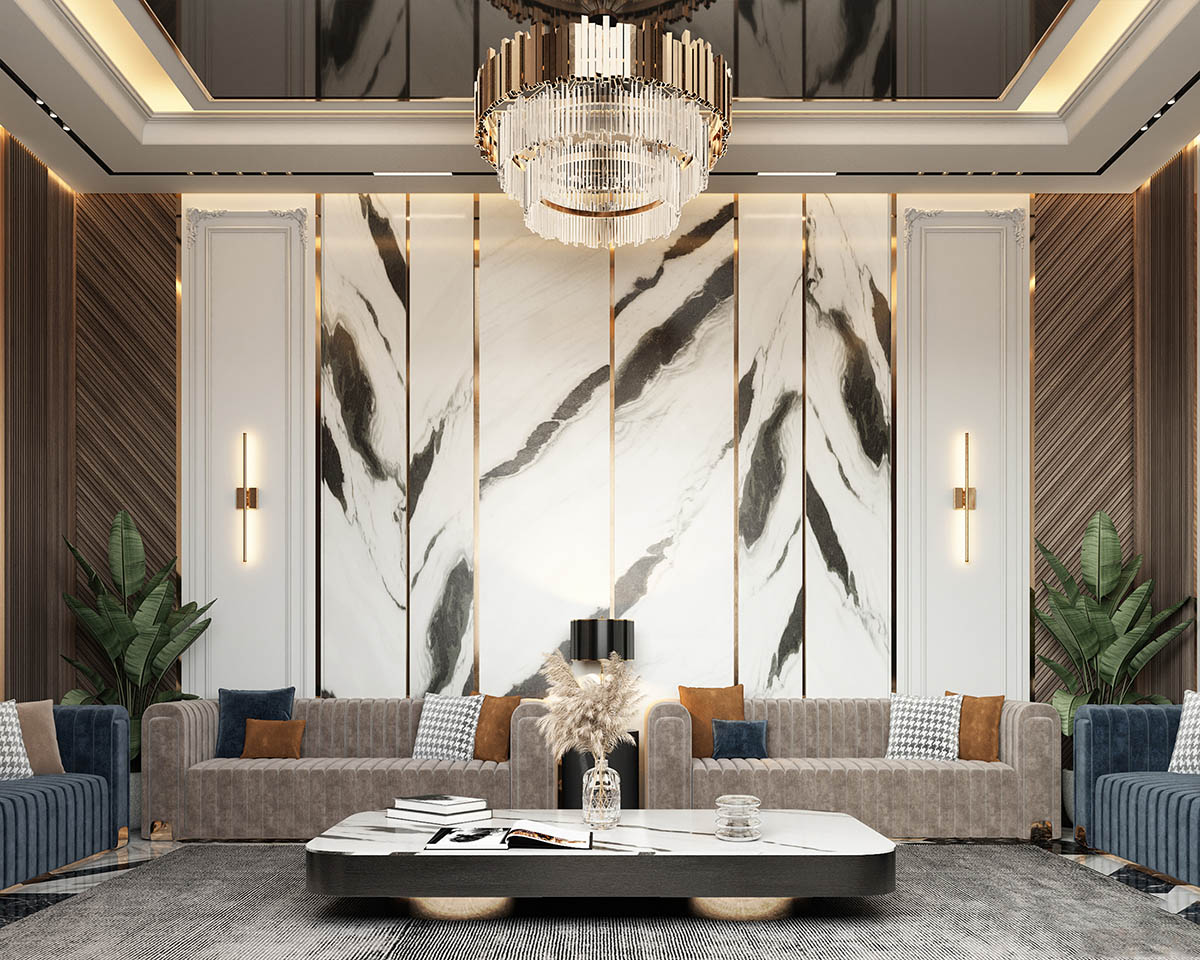 Phòng khách Luxury ấn tượng với nền tường đá