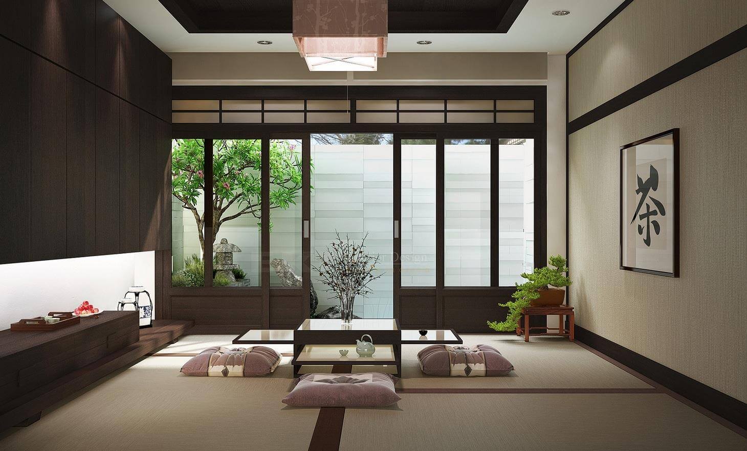 Phòng khách sử dụng bàn trà thấp kết hợp đệm ngồi
