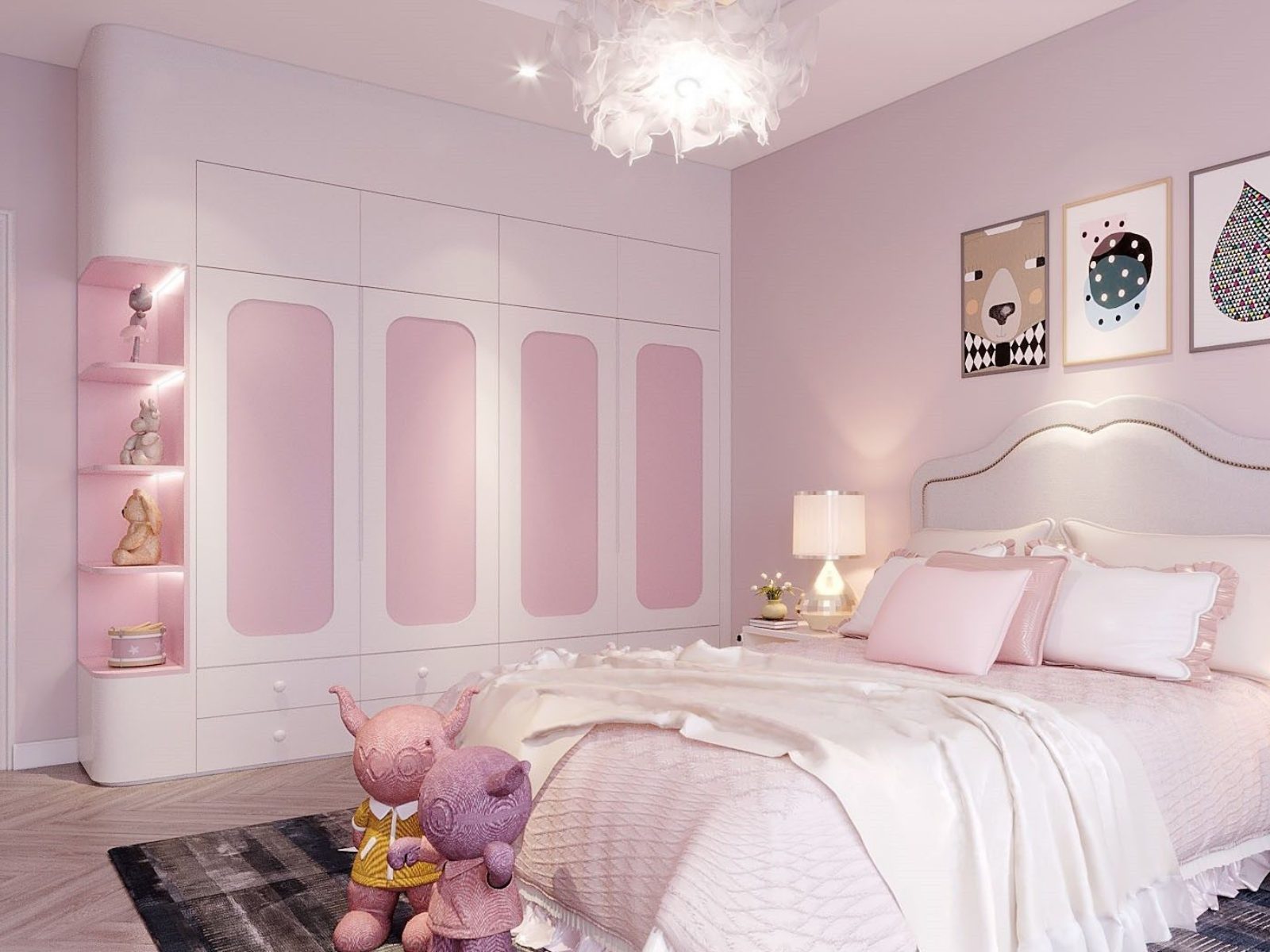 Tủ quần áo trắng hồng kết hợp kệ tủ trang trí đẹp, ấn tượng
