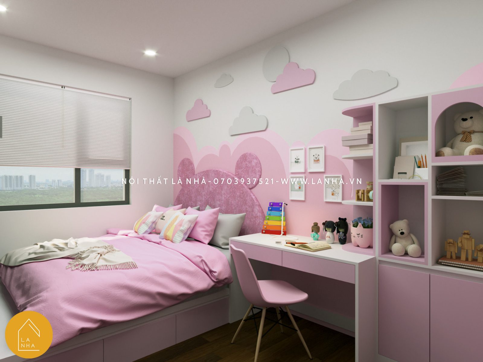 Bàn học màu hồng kết hợp kệ tủ đẹp, gọn gàng