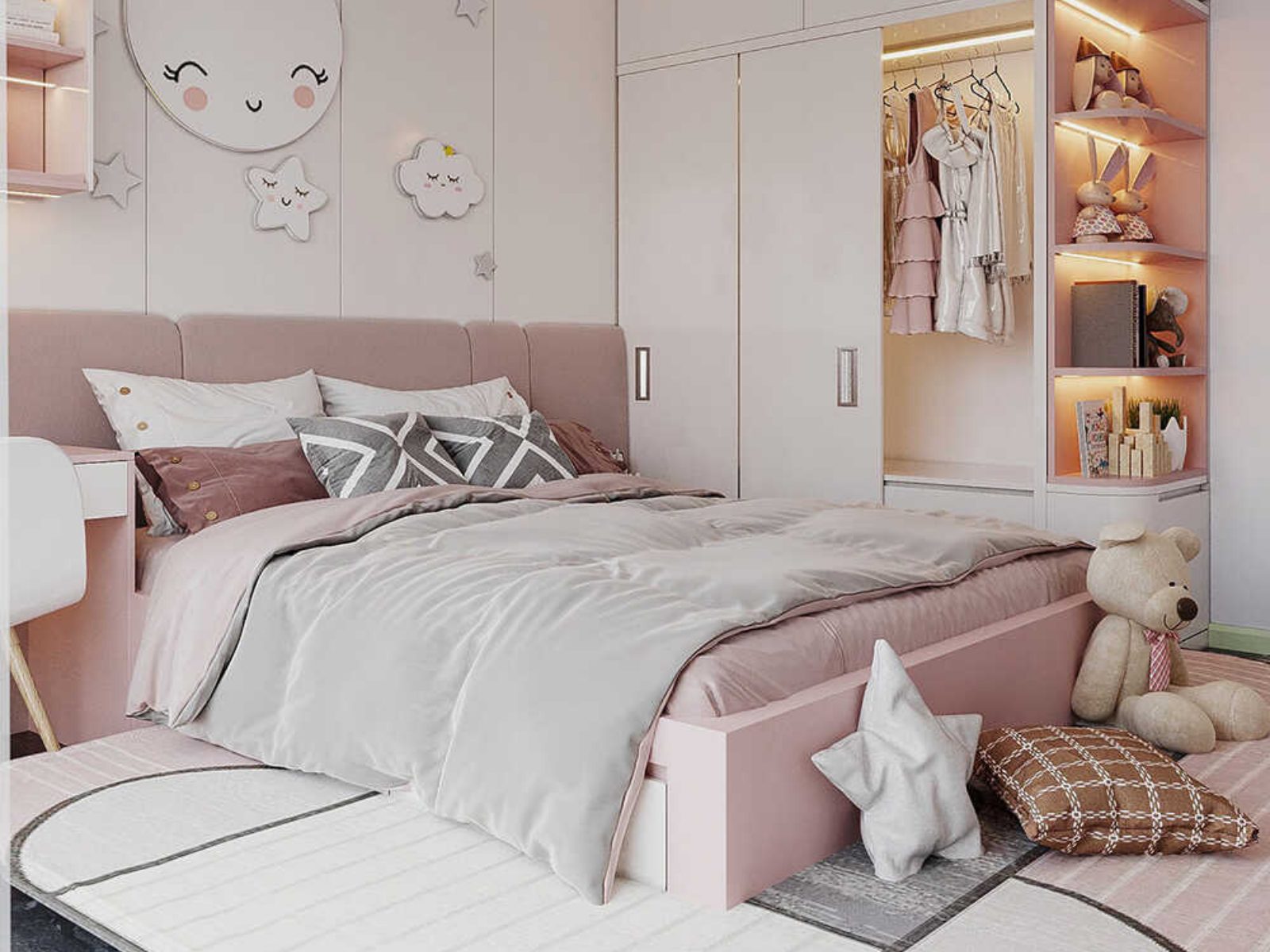 Thảm trải sản lớn kết màu trắng, hồng, xám cho okking bé gái màu hồng