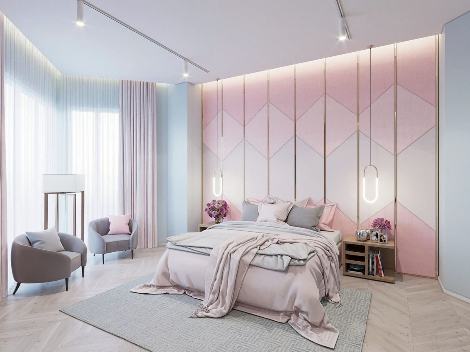 Không cầu kỳ trong trang trí, chỉ một mảng tường đầu giường đủ làm điểm nhấn độc đáo cho cả okking.con okking màu hồng