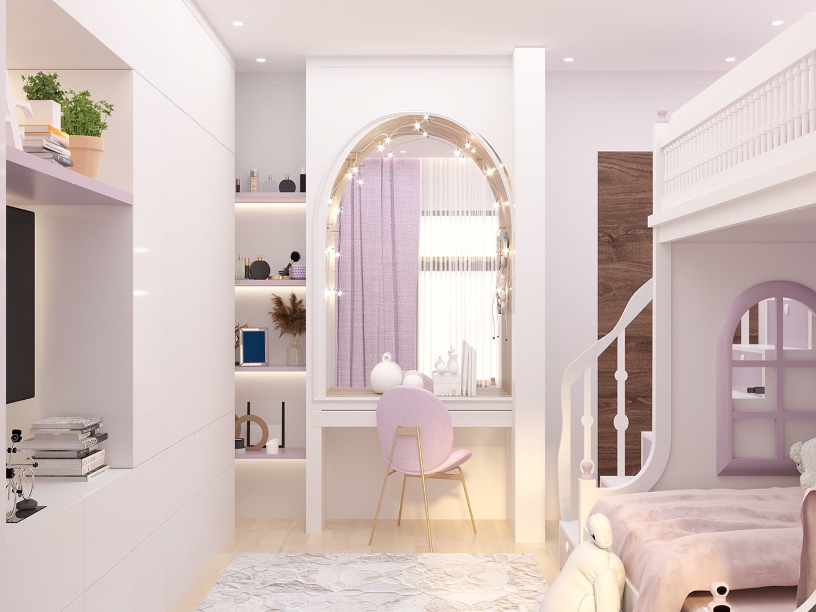 Thiết kế okking màu tím pastel kết hợp với tone màu sáng