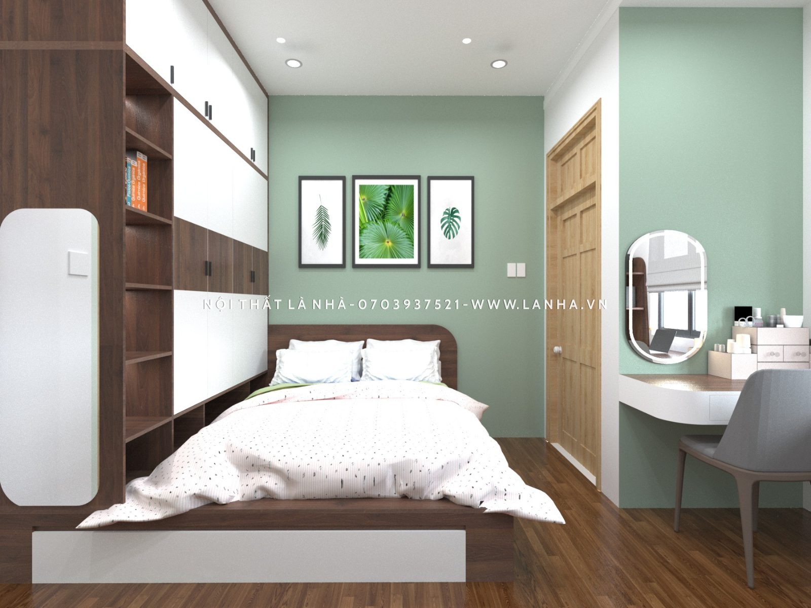 Thiết kế okking hiện đại khi kết hợp màu trắng với xanh và nâu