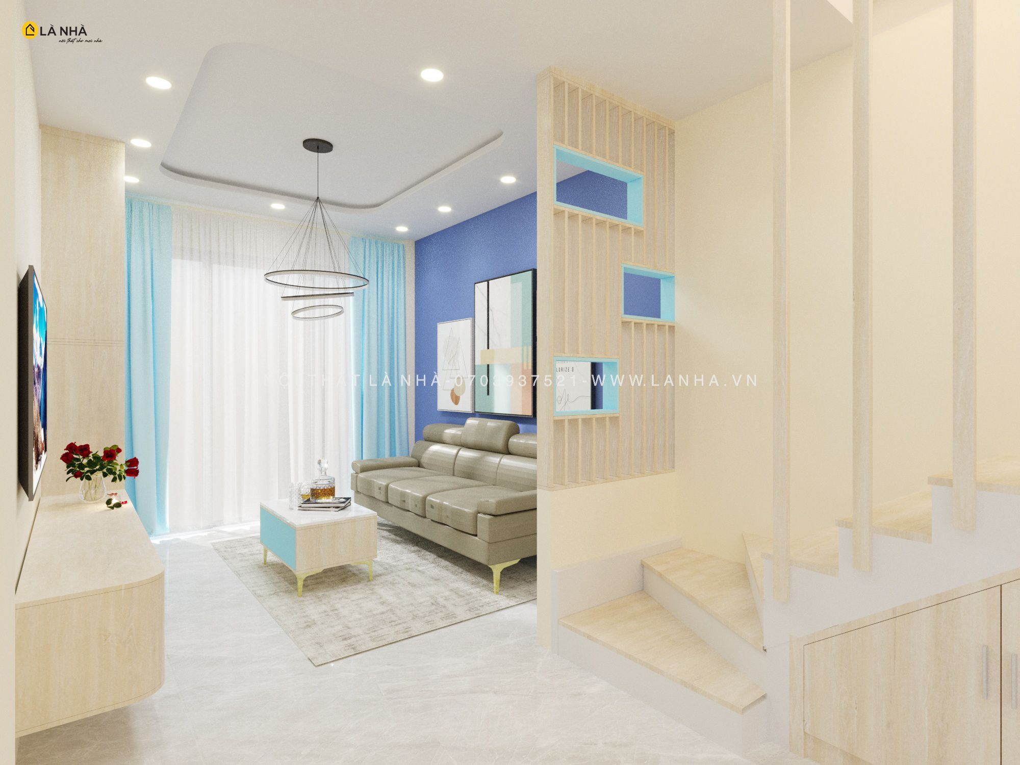 Xanh và trắng là hai tone màu nội thất chủ đạo