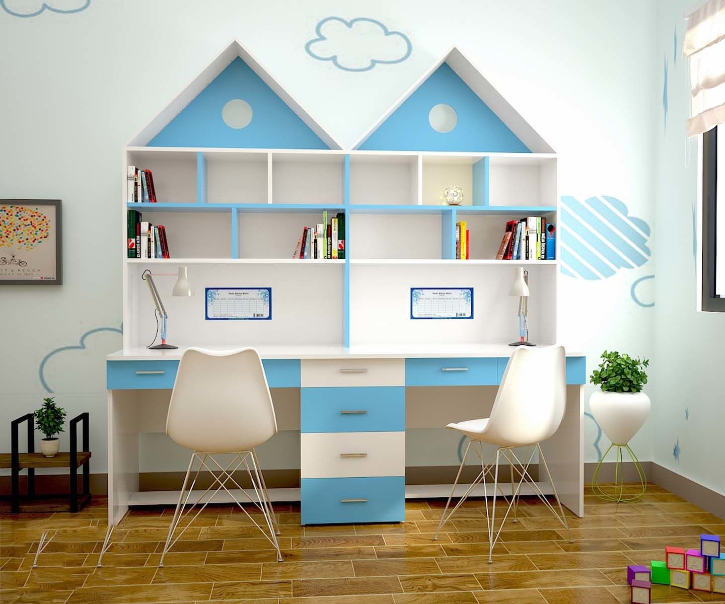 Mẫu bàn học đôi sẽ giúp tiết kiệm okking.con bày trí