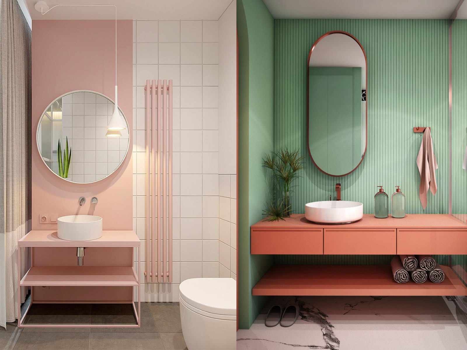 Phòng tắm sử dụng các gam màu hồng trắng, xanh cam pastel ấn tượng, bắt mắt