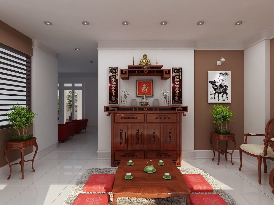 Sử dụng màu sắc và vật liệu tương thích với tủ thờ để tạo sự đồng nhất trong trang trí