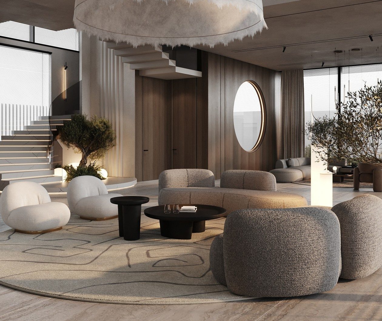 Sử dụng một bộ sofa lớn và thoải mái như sofa góc hoặc sofa đơn và sắp xếp chúng để tạo một khu vực nghỉ ngơi chính giữa phòng