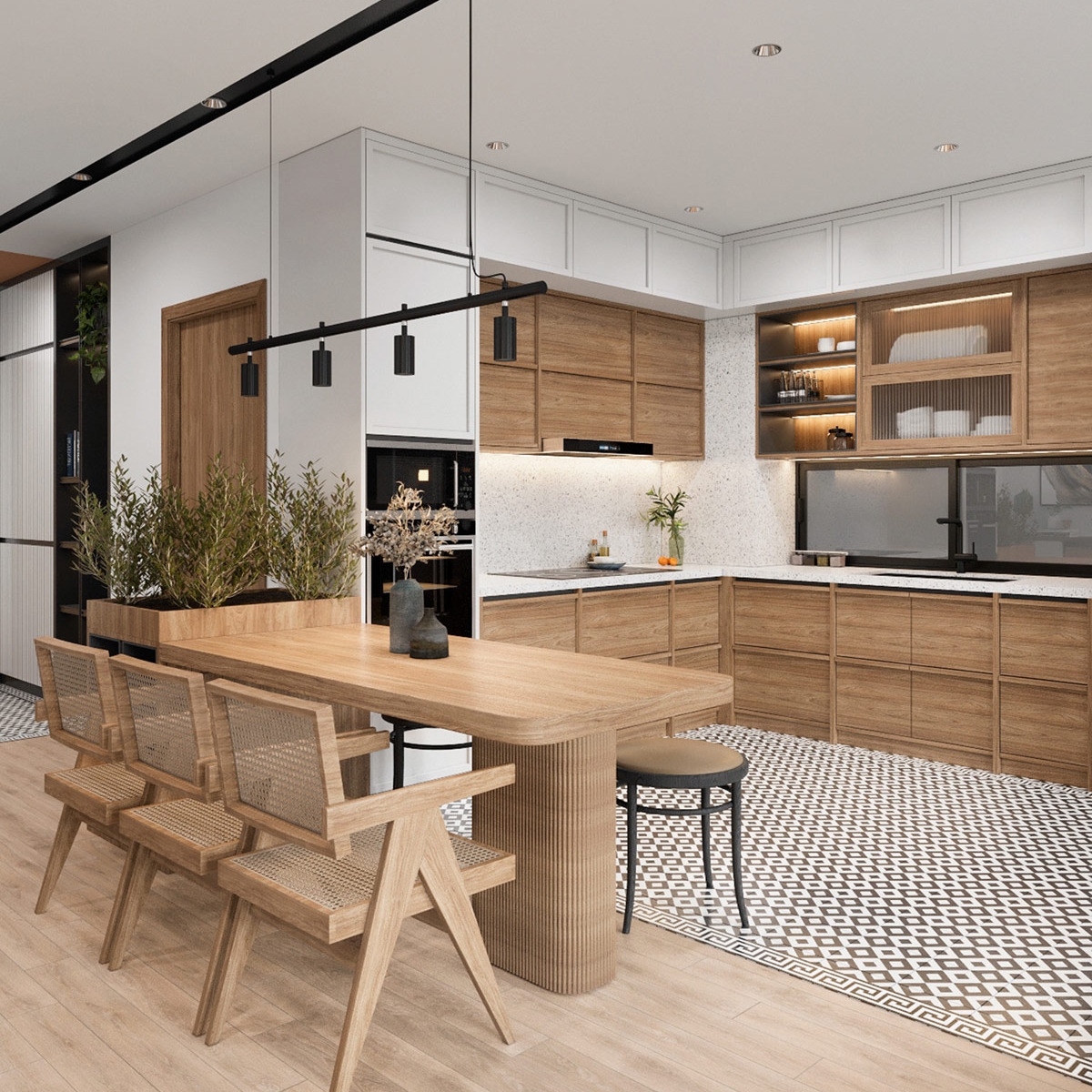 Những chiếc ghế gỗ đơn giản nhưng thoải mái bên bàn ăn nhỏ, tạo điểm tập trung cho gia đình quây quần và thưởng thức những bữa ăn ấm cúng