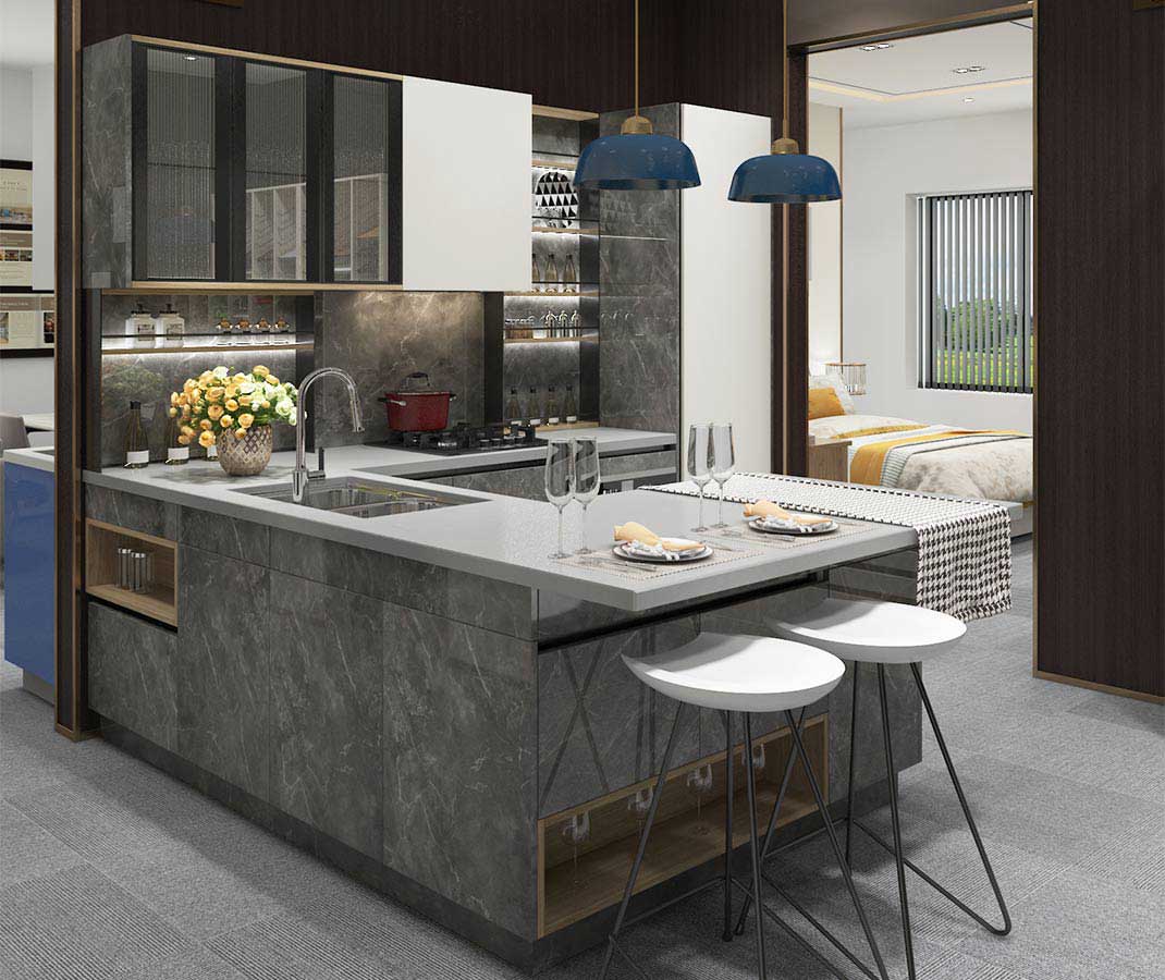 Bề mặt bếp dưới là nơi lắp đặt các hệ thống kệ và hộp để chứa đồ dùng nấu ăn