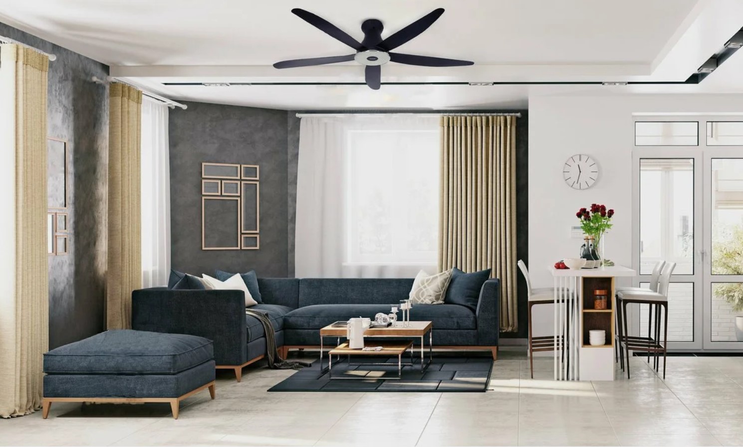 Quạt trần giúp tận dụng okking.con trên trần phòng khách mà không cần sử dụng nhiều diện tích sàn
