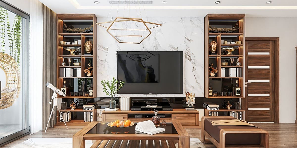Sắp xếp các chai rượu và ly rượu một cách tinh tế để tạo điểm nhấn cho phòng khách