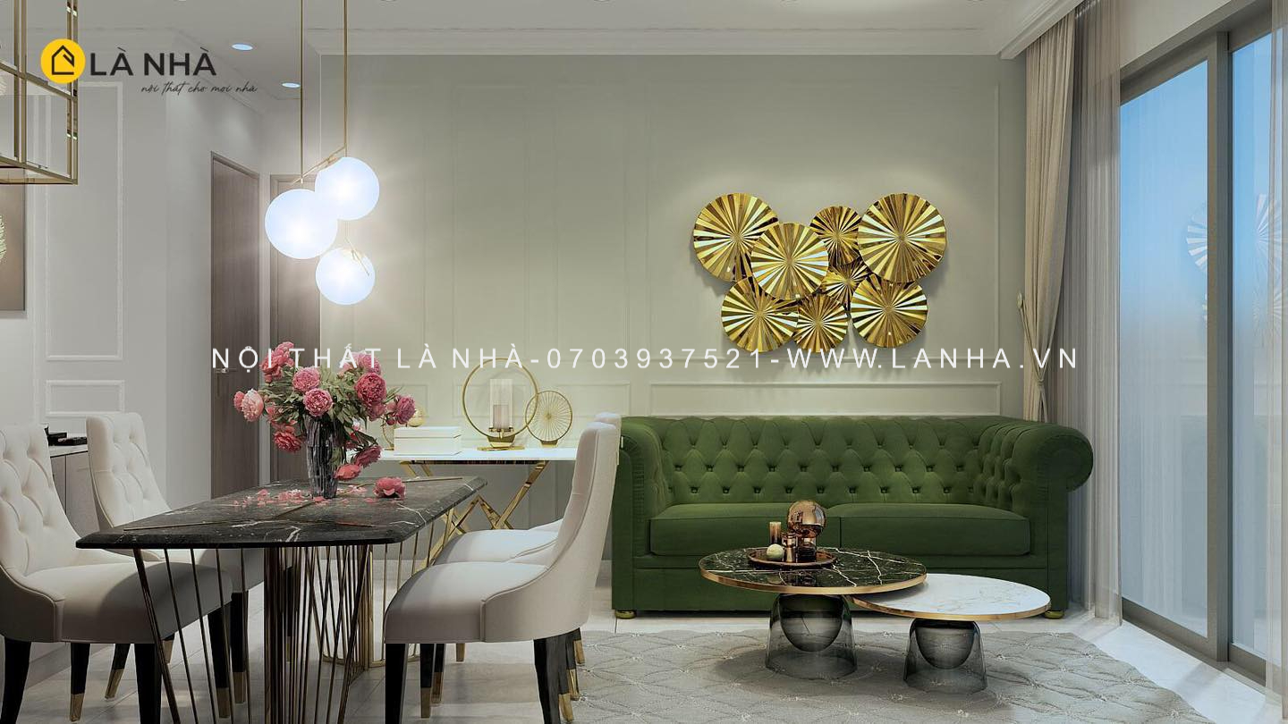 Sử dụng ghế sofa và bàn trà có chân kim loại, đèn trang trí hiện đại, và các món đồ trang trí đơn giản như đèn trang trí, gương trang điểm sẽ tạo điểm nhấn cho phòng