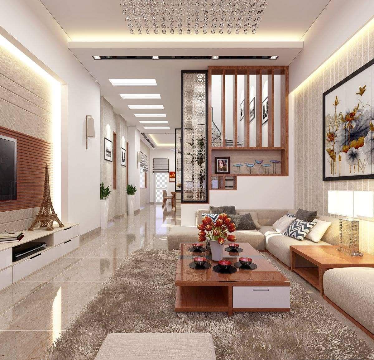 Màu sắc trung tính thường được ưa chuộng với phòng khách nhà ống, cùng sự kết hợp của trắng, xám, và nâu nhạt