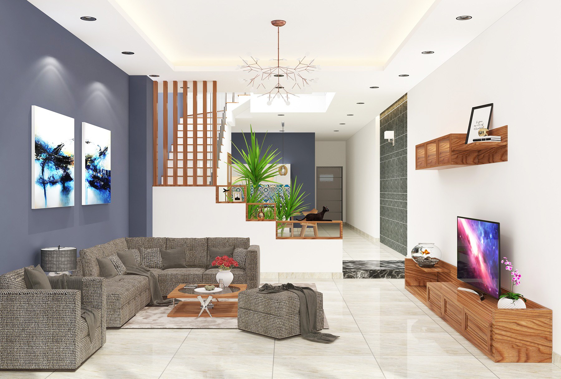 Đặt cây cỏ hay cây xanh dọc theo cầu thang để tạo cảm giác thiên nhiên và sự tươi mới trong okking.con