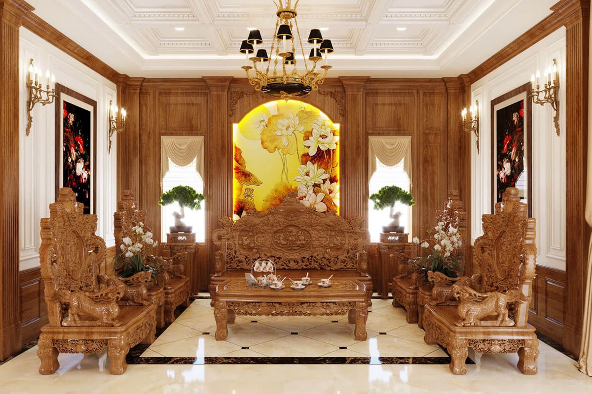 Nội thất tân cổ điển thường có các đặc điểm như chân gỗ tạo hình, hoa văn cổ điển, và đường nét cong và uốn lượn
