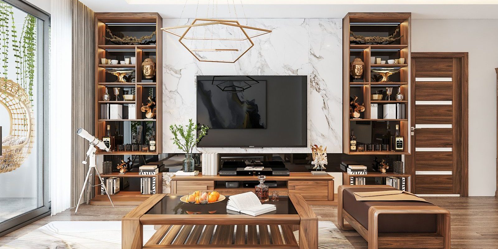 Chọn các món đồ nội thất gỗ tự nhiên như bàn trà gỗ, kệ sách gỗ, sofa gỗ hoặc ghế gỗ cho phòng khách