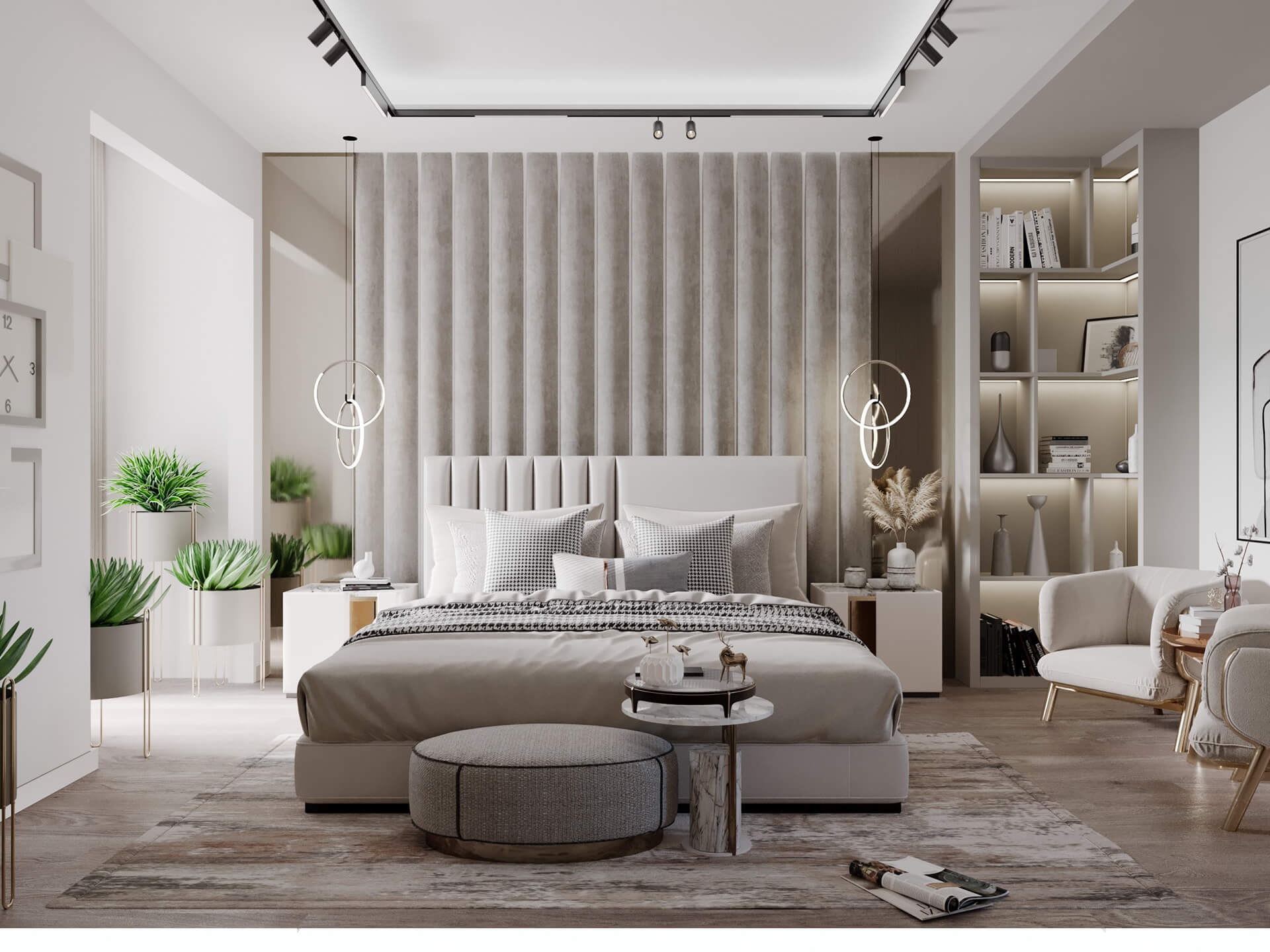 Các chậu cây gốm trang trí bàn kế bên giường tạo thêm sự tươi mới và sự sống cho căn phòng
