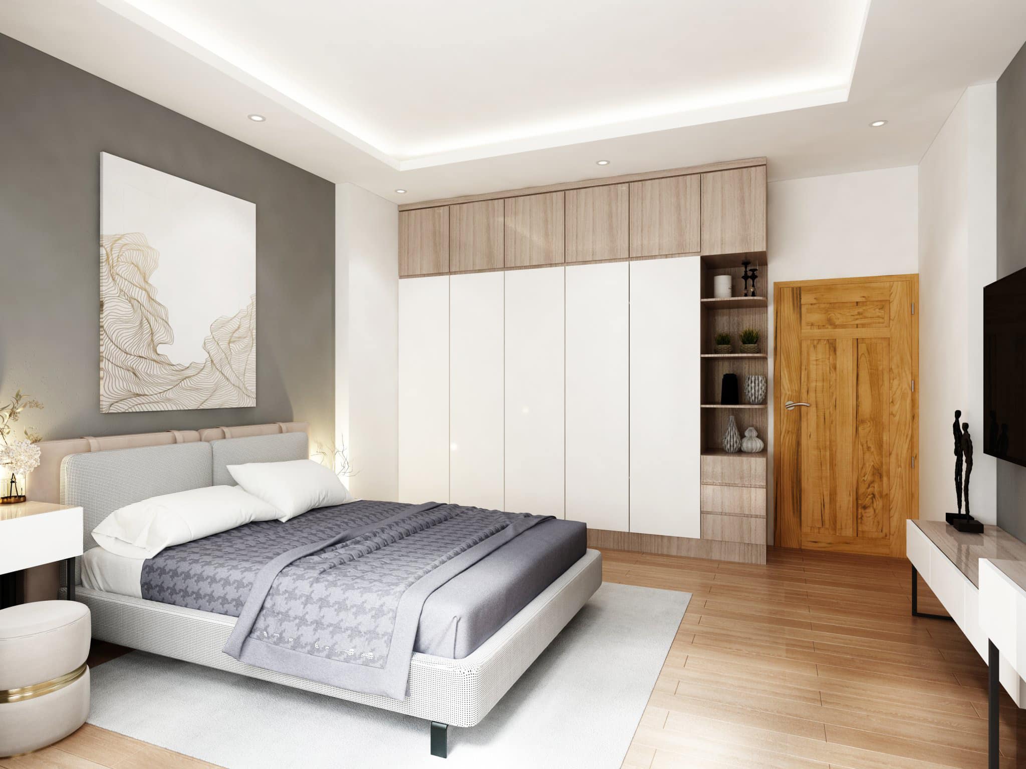 Không gian tường okking có thể được sử dụng để treo tranh, hình ảnh gia đình hoặc đặt kệ sách treo tường để tăng tính thẩm mỹ
