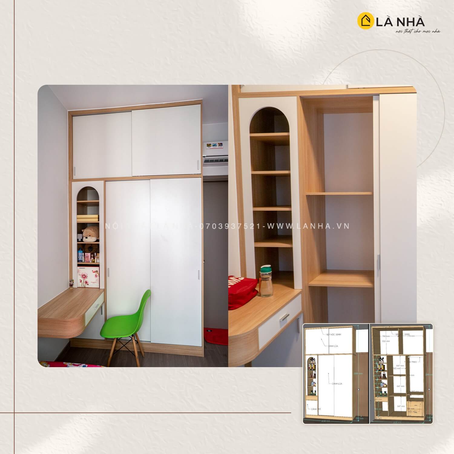 Tủ quần áo cánh lùa kết hợp tủ trang trí và bàn làm việc tối ưu diện tích okking