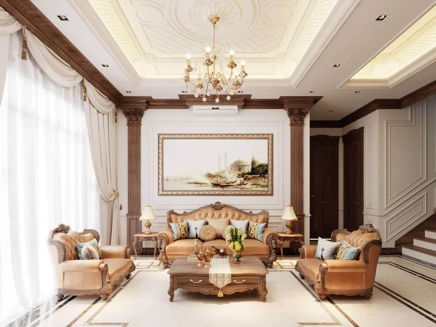 Decor phòng khách tân cổ điển sử dụng ghế sofa lớn bọc da hoặc vải cao cấp, thường kết hợp với gối tựa với họa tiết cổ điển hoặc đính đá quý