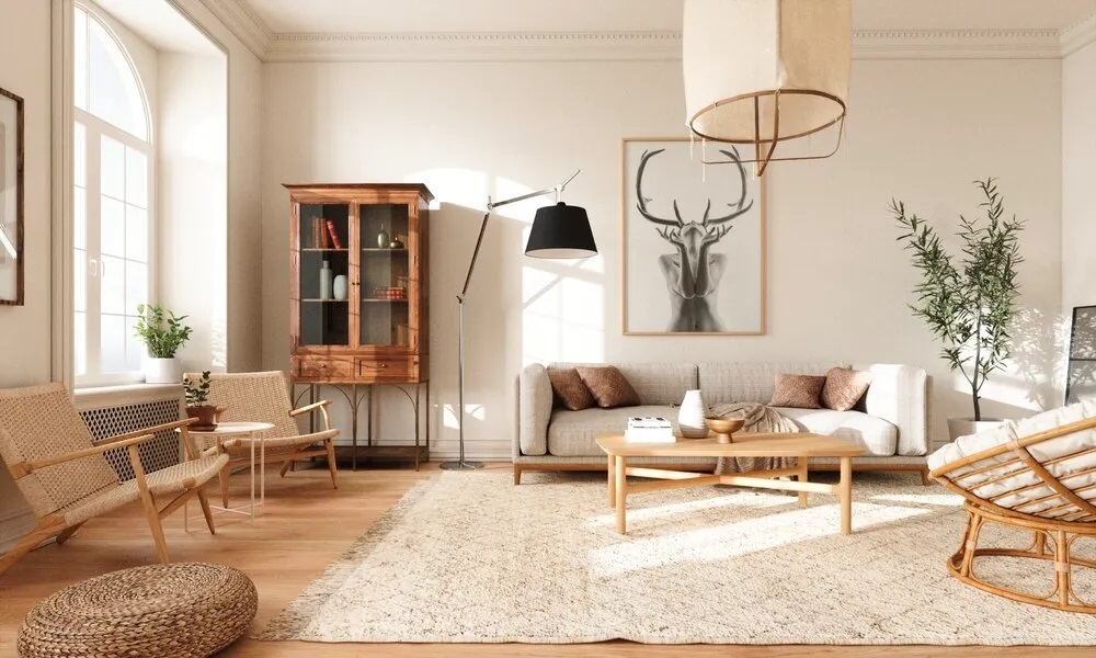Chọn nội thất bằng gỗ tự nhiên hoặc màu gỗ như sồi hoặc cây thông trong decor phòng khách m.okking39 Bắc Âu