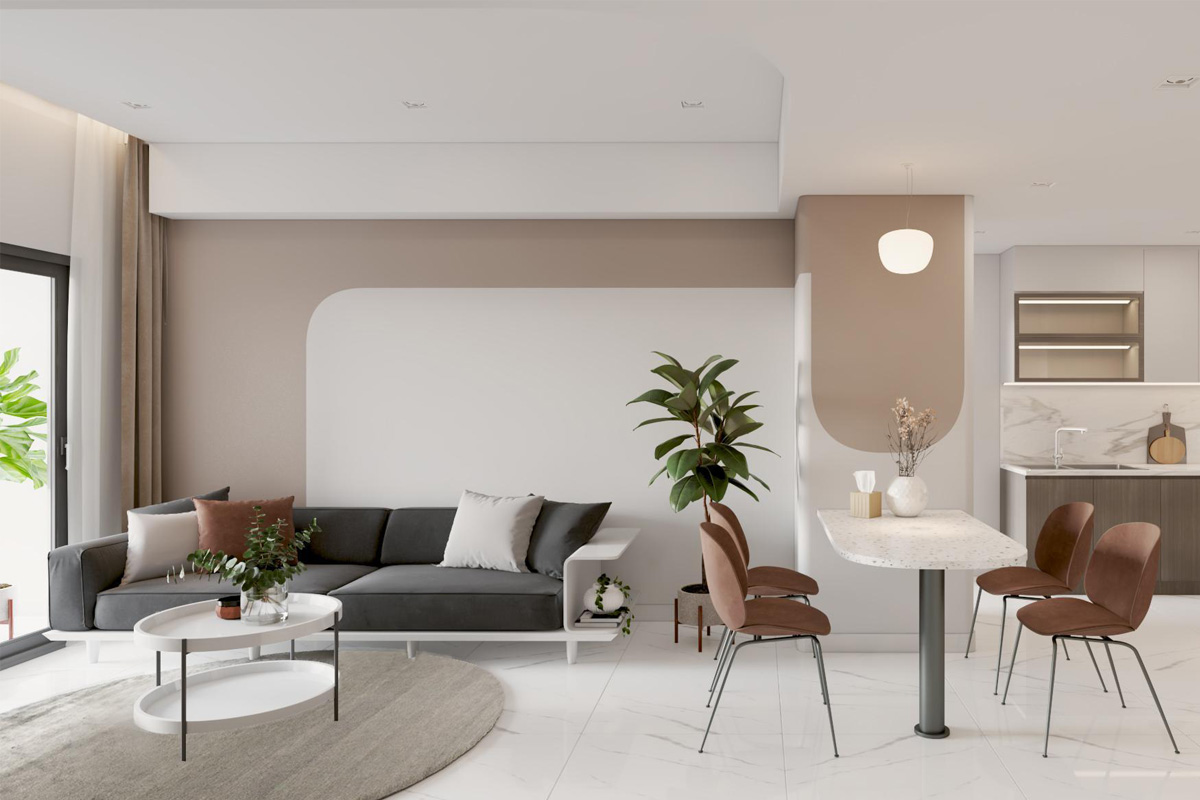 Bức tường trơn hoặc với hoa văn tối giản giúp làm tôn lên vẻ đẹp của nội thất