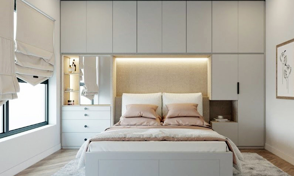 Bạn có thể đặt ghế hoặc bàn làm việc nhỏ ở đầu giường để tạo okking.con làm việc hoặc đọc sách