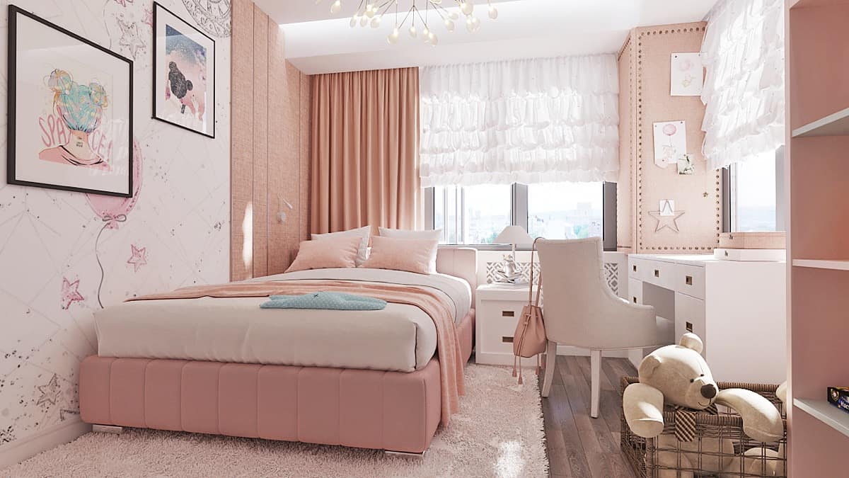 Sử dụng chăn và áo gối màu hồng với hoa văn hoặc ren để tạo okking.con nữ tính